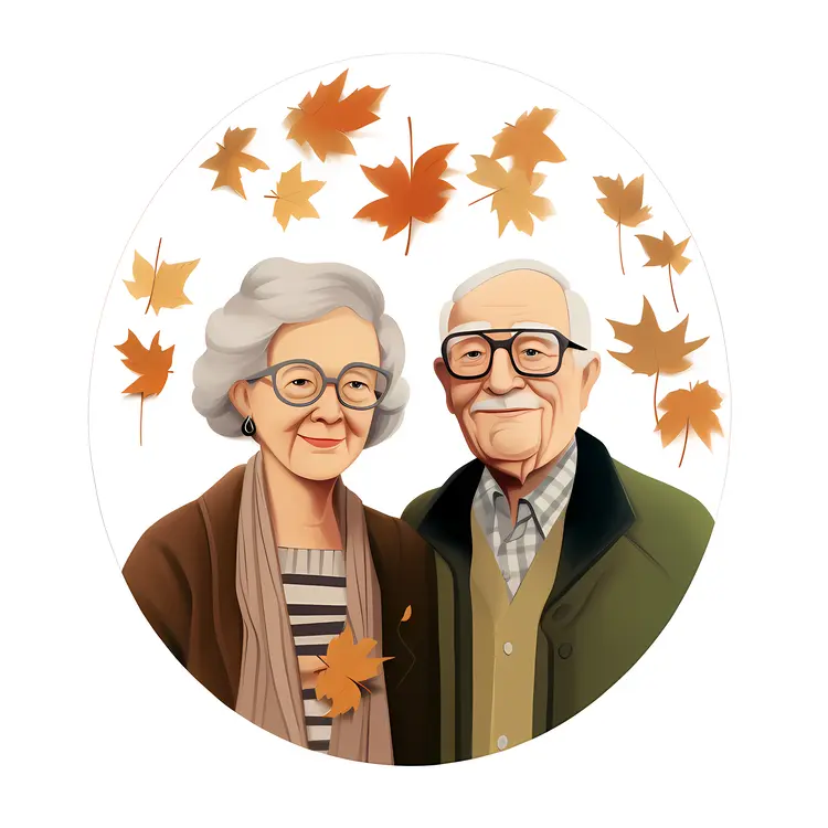 Elderly Couple with Autumn Leaves