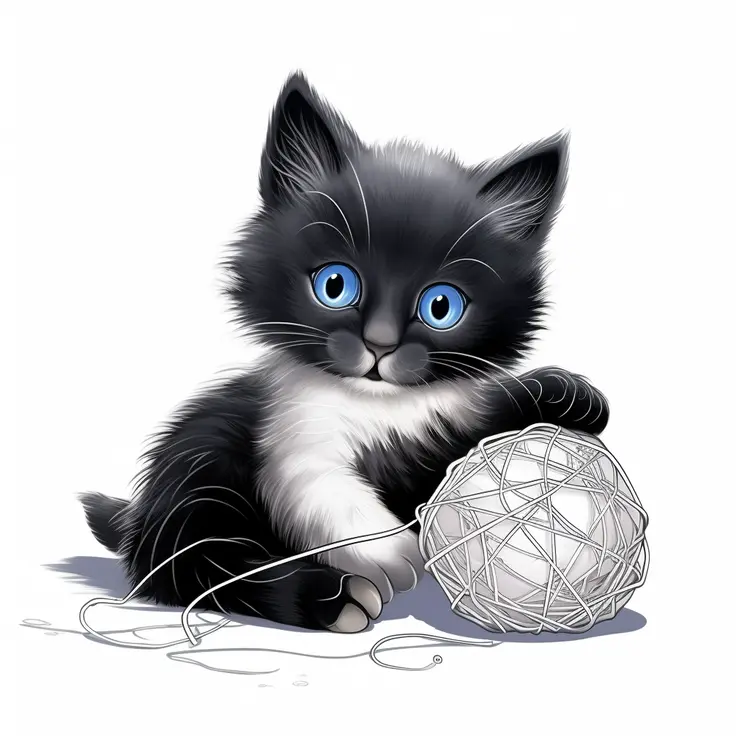 Adorable Black and White Kitten Playing with Yarn Ball