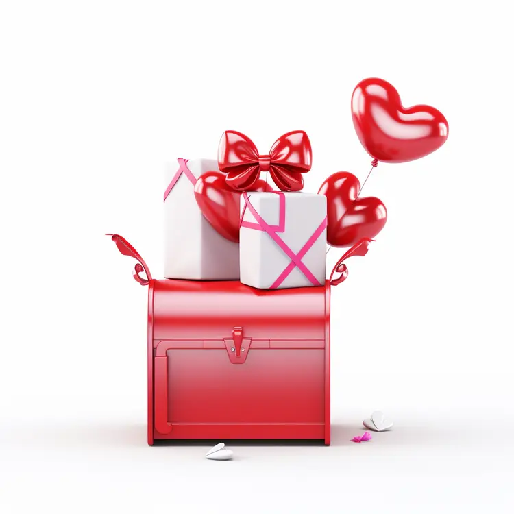 Red Mailbox with Gifts and Heart Balloons