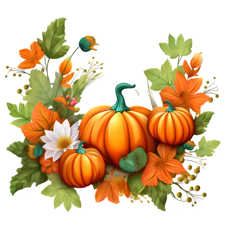 Pumpkins with Flowers and Leaves