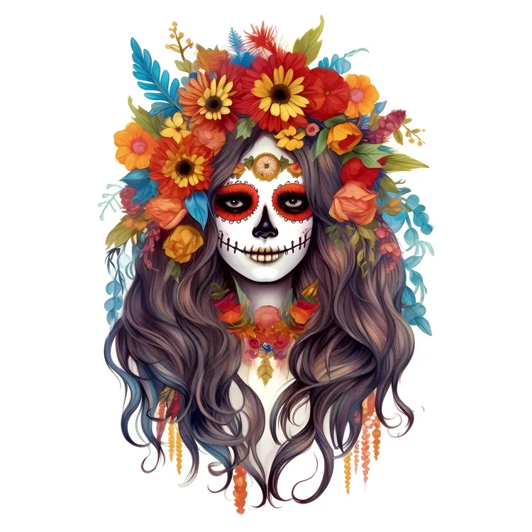 Beautiful Sugar Skull with Floral Crown for Day of the Dead Celebration