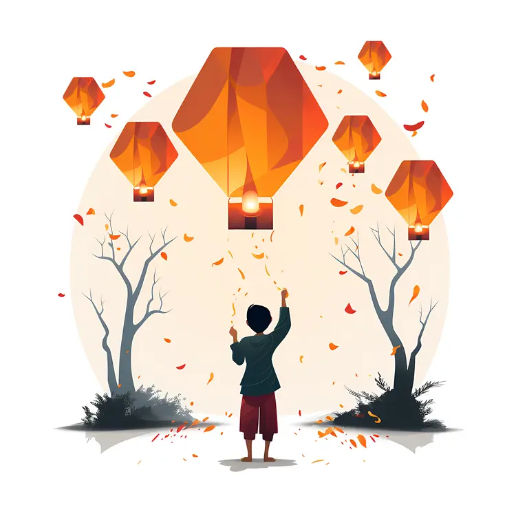 Child Releasing Sky Lanterns at Night