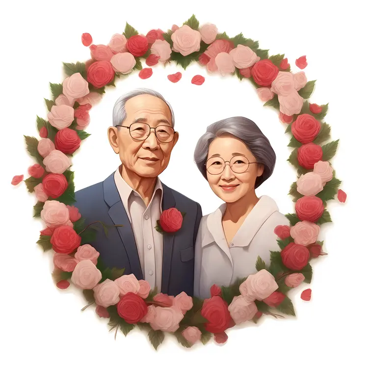 Elderly Couple Surrounded by Roses for Anniversary Celebration