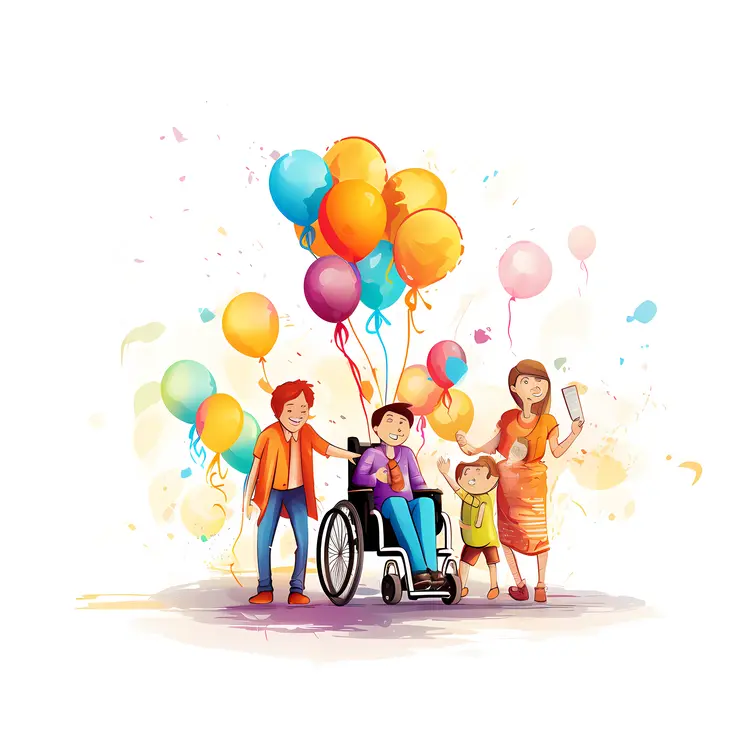 Family Celebration with Balloons and Wheelchair