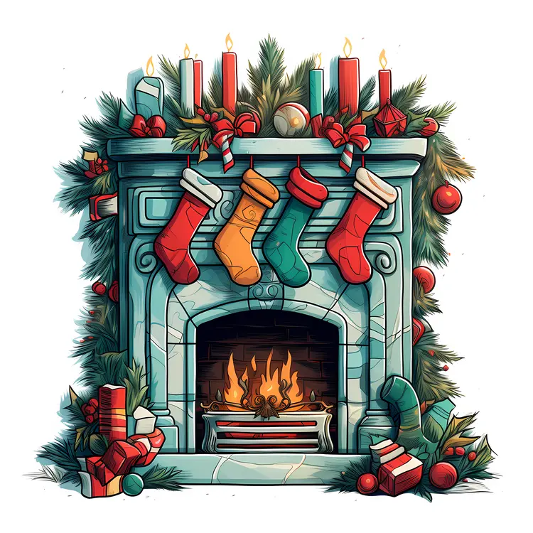 Colorful Fireplace with Christmas Stockings