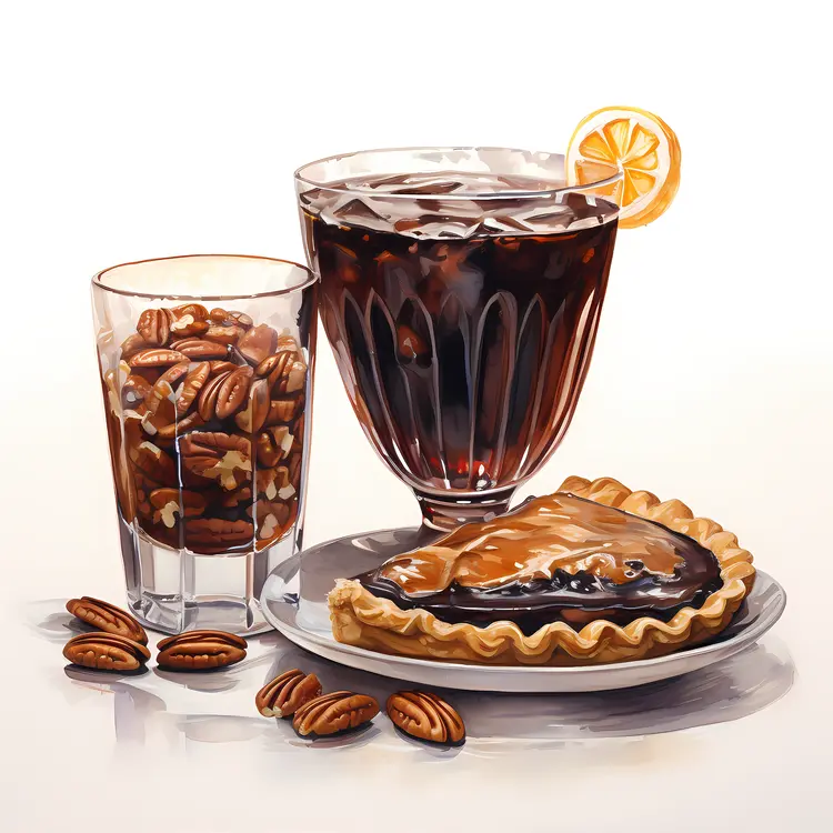 Delicious Pecan Pie with Refreshing Drink and Pecans