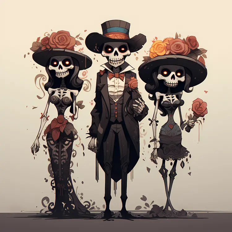 Skeleton Family with Hats and Roses