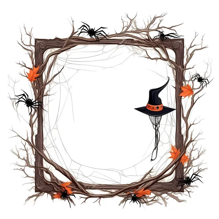 Halloween Frame with Witch Hat and Spiders