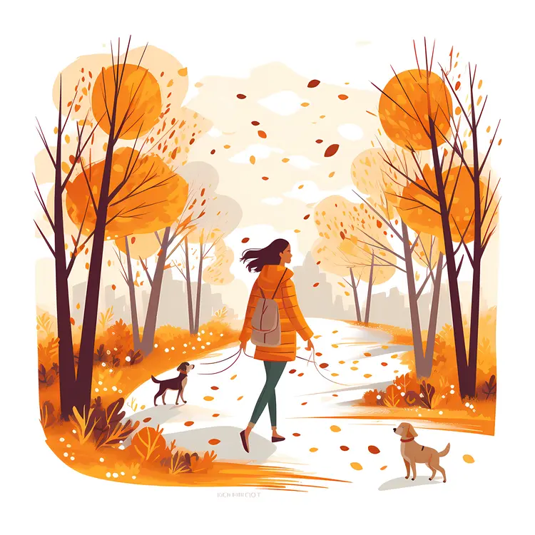 Woman Walking Dogs on Autumn Pathway