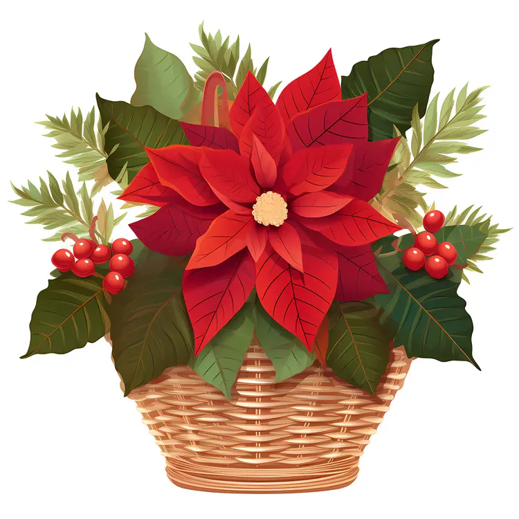 Beautiful Poinsettia in Wicker Basket for Christmas Decor