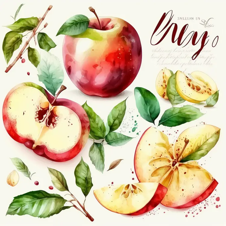 Watercolor Red Apple and Slices Illustration