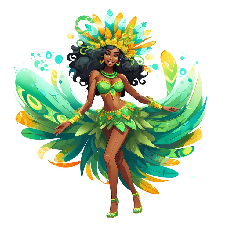 Carnival Dancer in Green Feathered Outfit