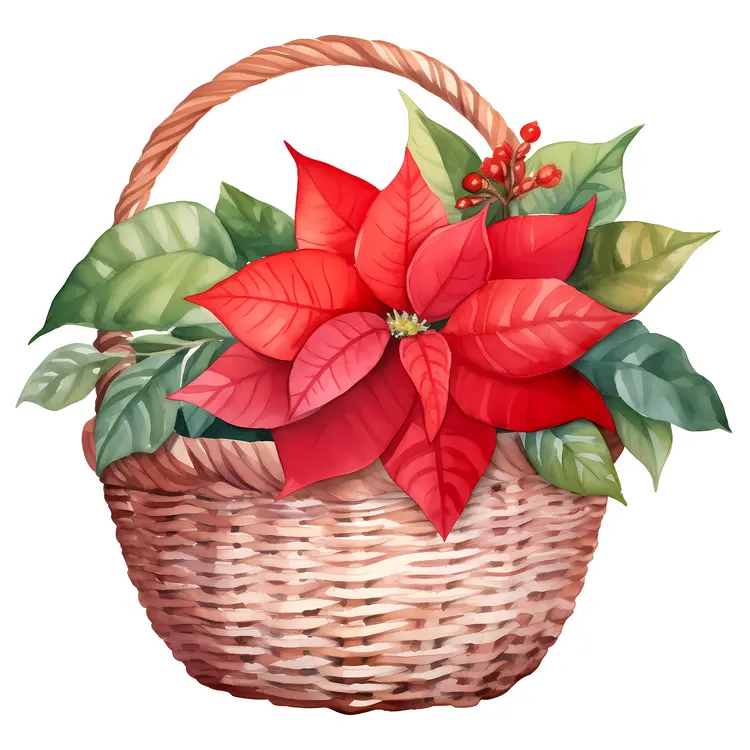 Beautiful Poinsettia in a Woven Basket for Christmas