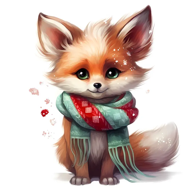 Cute Fox with Green Scarf and Snowflakes