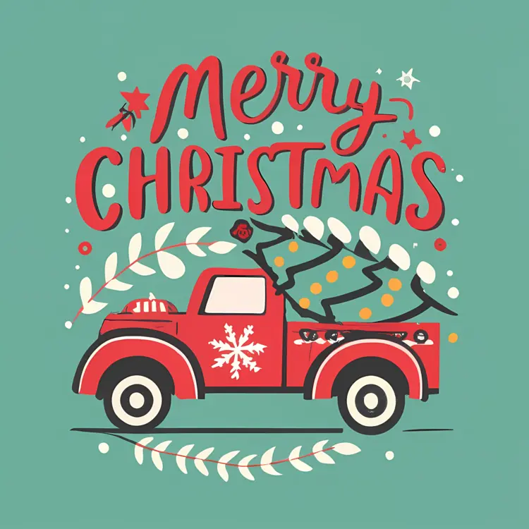 Red Truck with Christmas Tree and Snowflakes