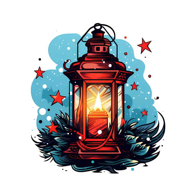 Red Lantern with Candle and Stars