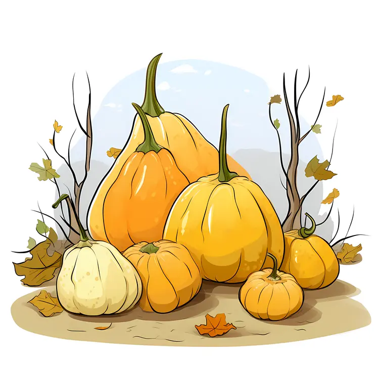Pumpkins and Gourds with Autumn Leaves