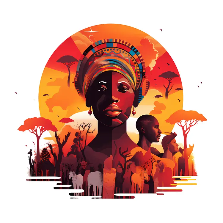 Vibrant African Woman with Sunset Background