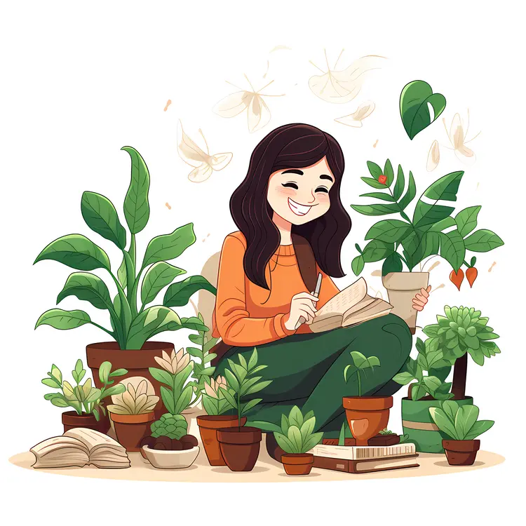 Woman Sitting with Potted Plants