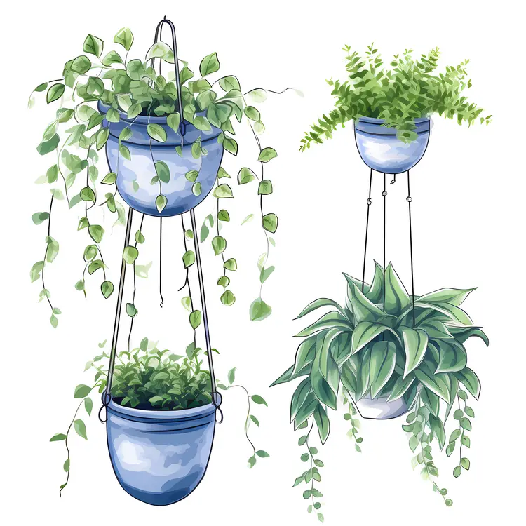 Beautiful Hanging Plants in Blue Pots