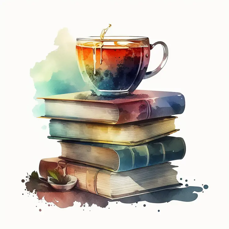 Watercolor Tea Cup on Stack of Books