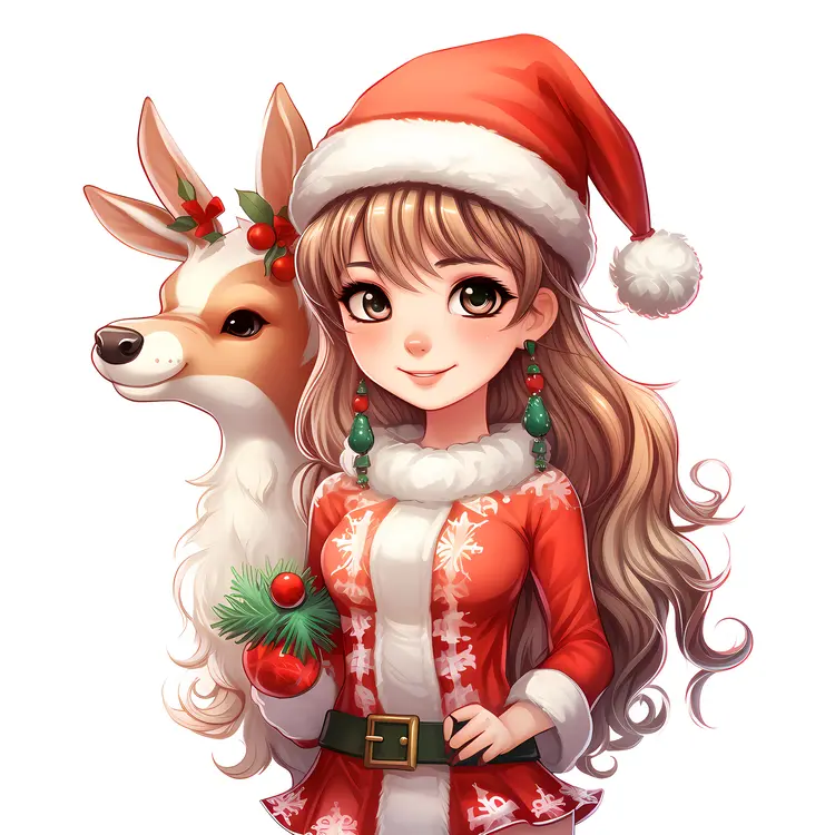 Girl with Santa Hat and Reindeer for Christmas