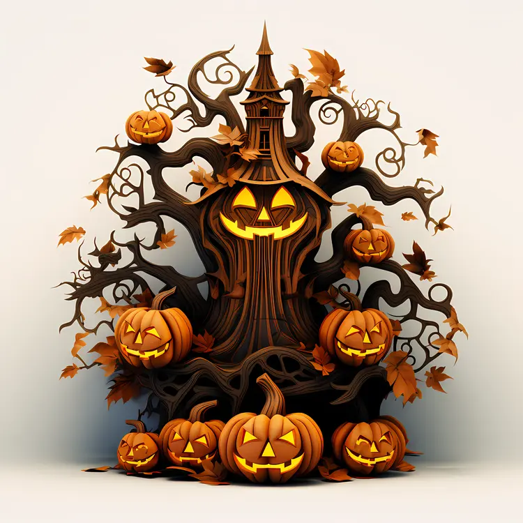 Halloween Tree with Pumpkins and Haunted House