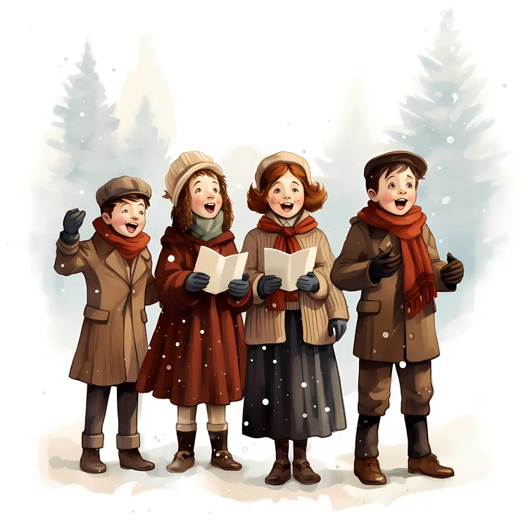 Children Singing Christmas Carols in Winter