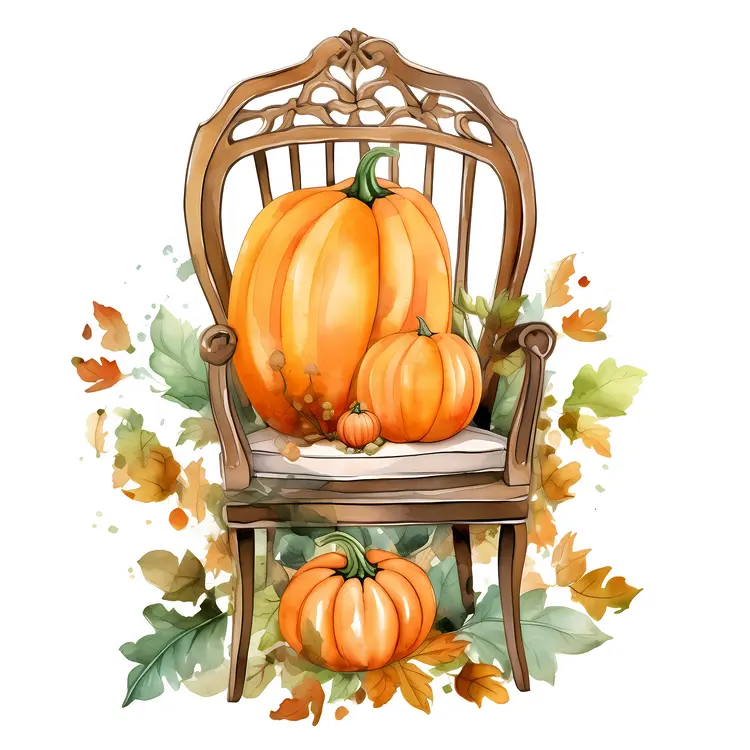 Pumpkins on Ornate Chair with Autumn Leaves for Halloween
