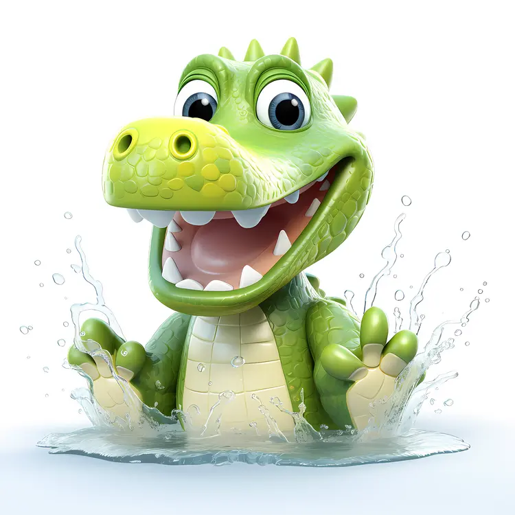 Cute Green Cartoon Crocodile Splashing in Water