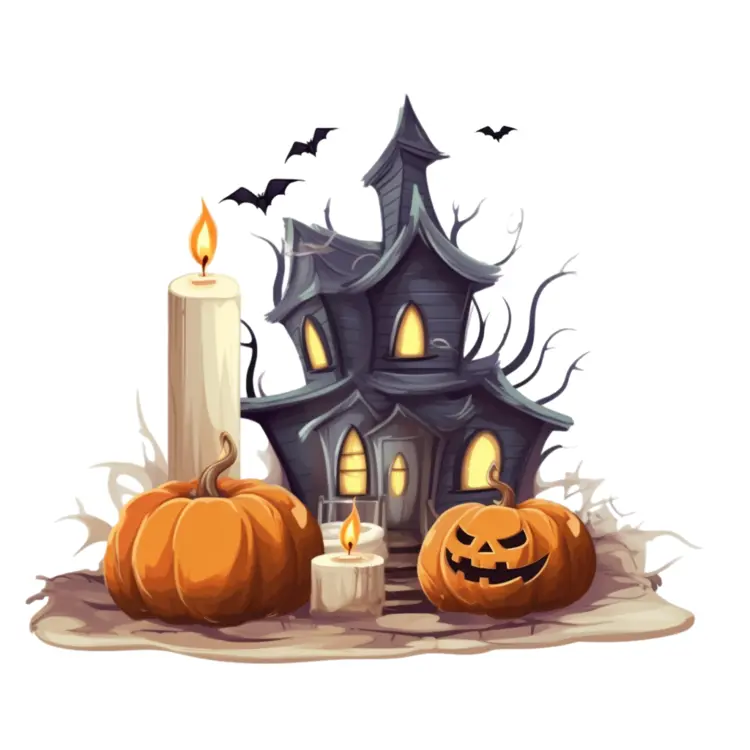 Spooky Haunted House with Pumpkins and Candles