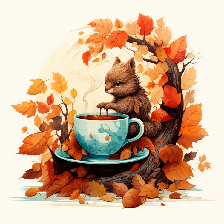 Coffee cup with autumn leaves and squirrel