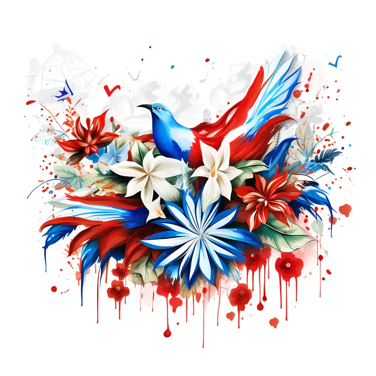 Colorful Bird with Red, White, and Blue Flowers