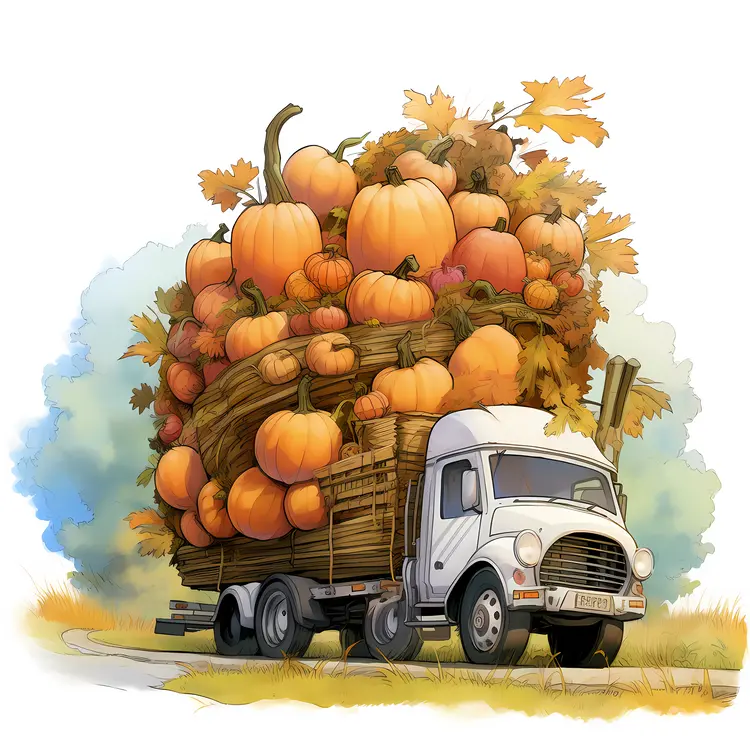 White Truck Overloaded with Pumpkins