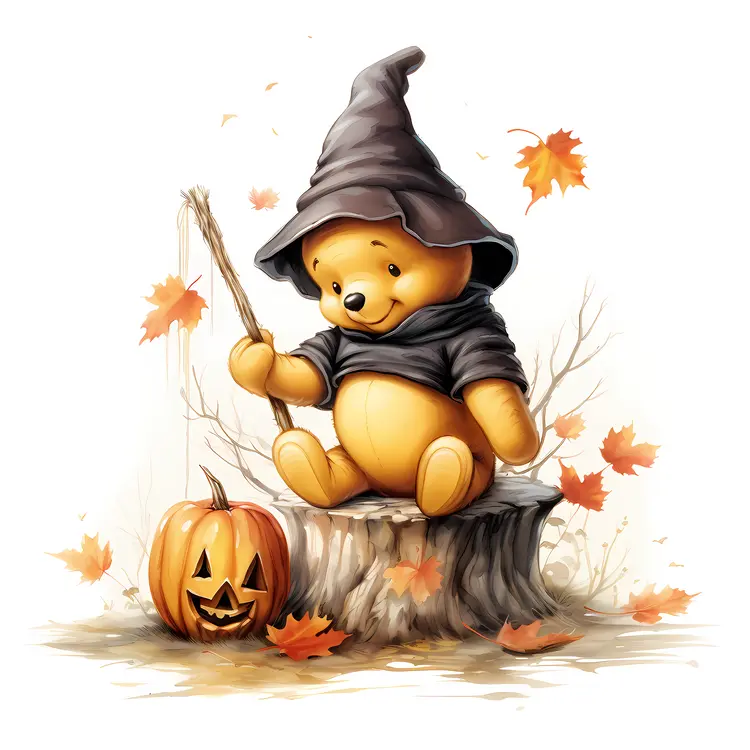 Cute Bear in Witch Costume with Pumpkin