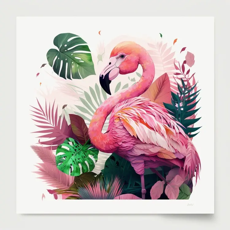 Beautiful Pink Flamingo with Tropical Leaves