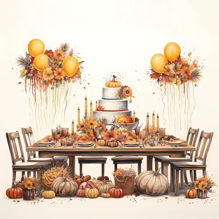 Thanksgiving Table with Pumpkins and Balloons