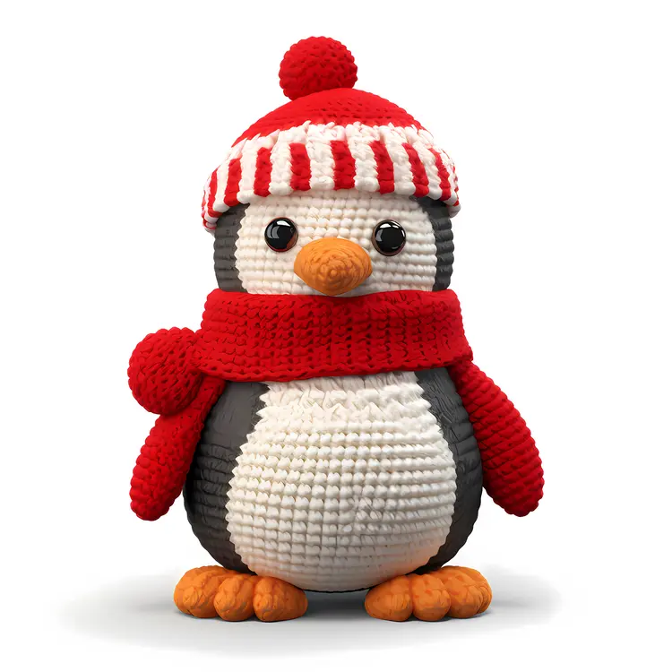 Crochet Penguin with Red Scarf and Hat