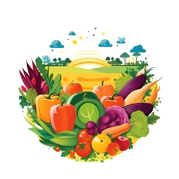 Assorted Vegetables and Fruits with a Sunny Landscape