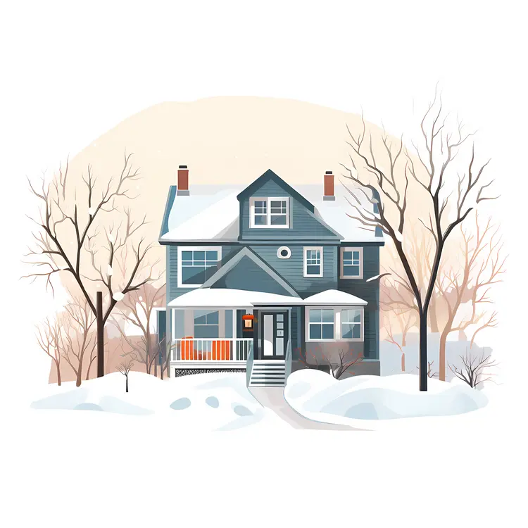 Snowy House with Bare Trees
