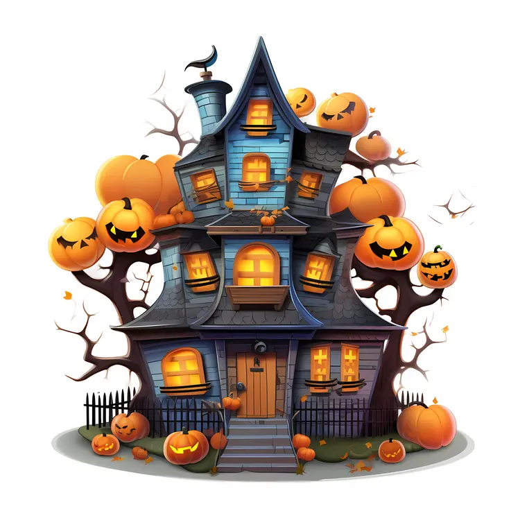 Spooky Haunted House with Pumpkins for Halloween