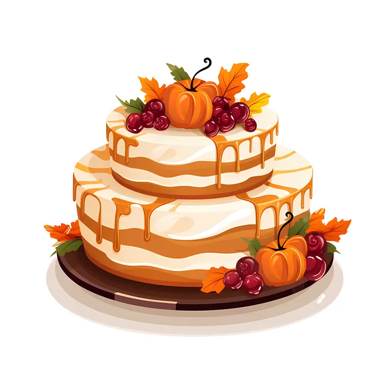 Two-Tier Pumpkin Cake with Berries and Autumn Leaves