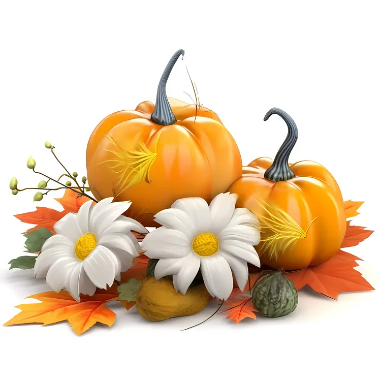 Pumpkins and Daisy with Autumn Leaves