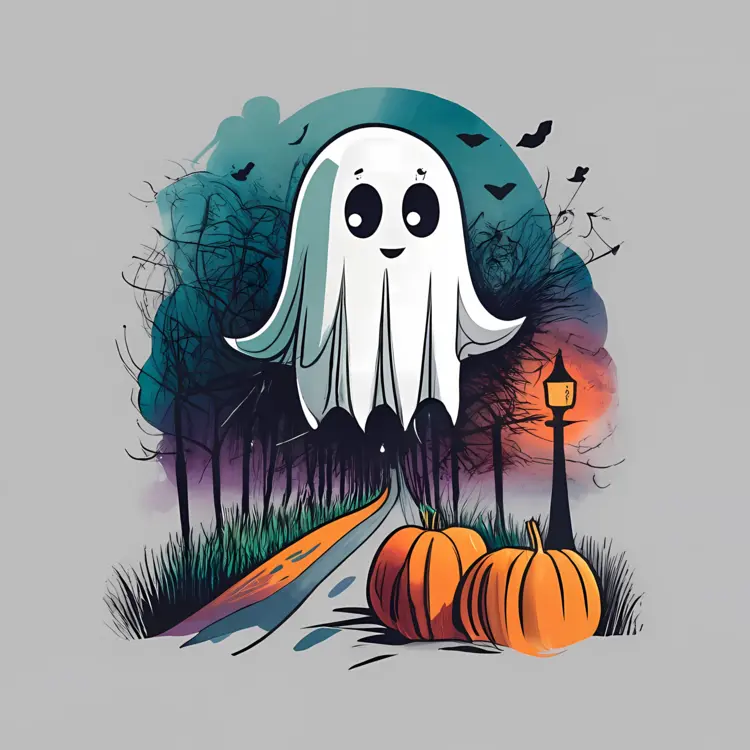 Cheerful Ghost with Pumpkins