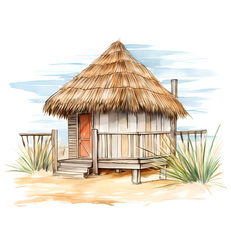 Small cute beach hut with thatched roof and red door