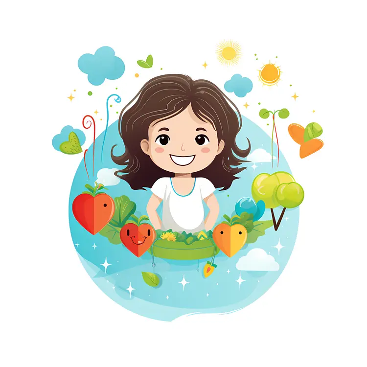 Happy Girl Surrounded by Hearts and Nature