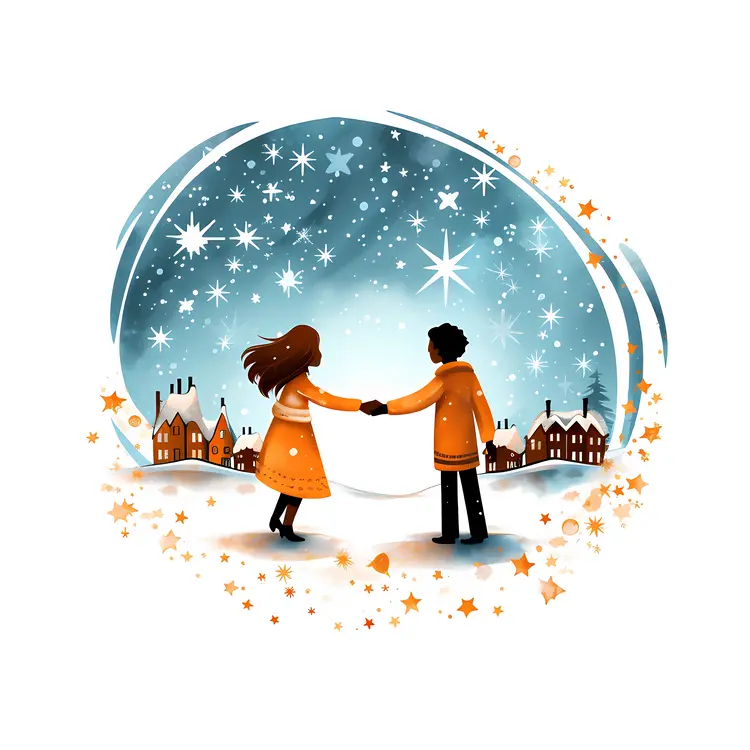 Couple Holding Hands in Winter Night