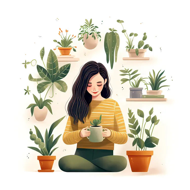 Woman Sitting with Potted Plants