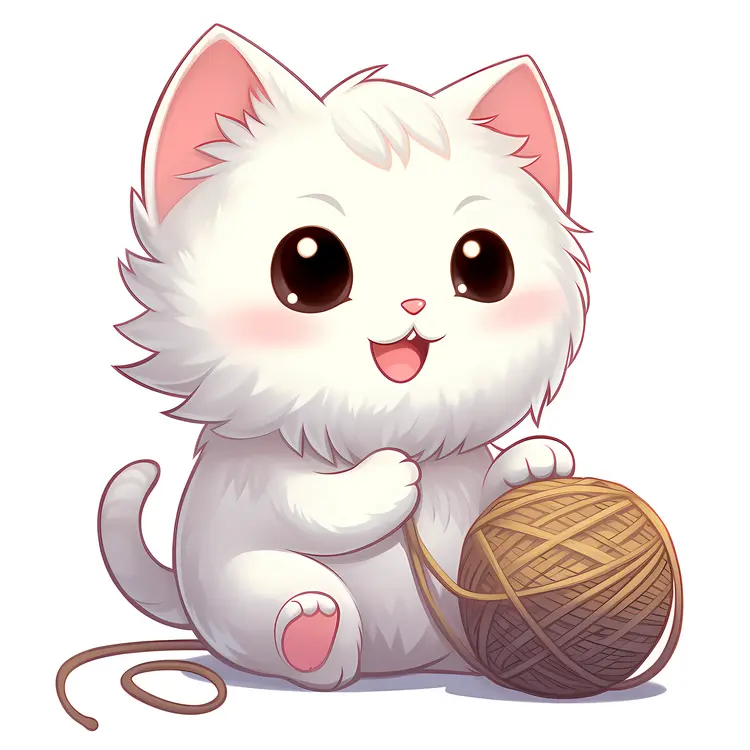 Cute White Kitten Playing with Yarn Ball