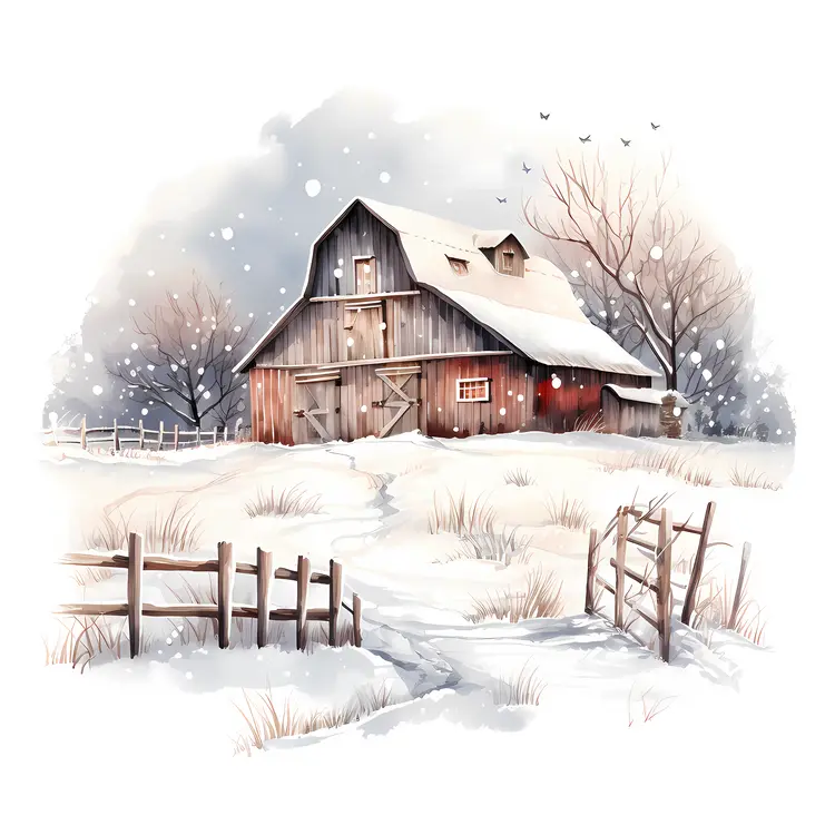 Wooden Barn in a Snowy Field